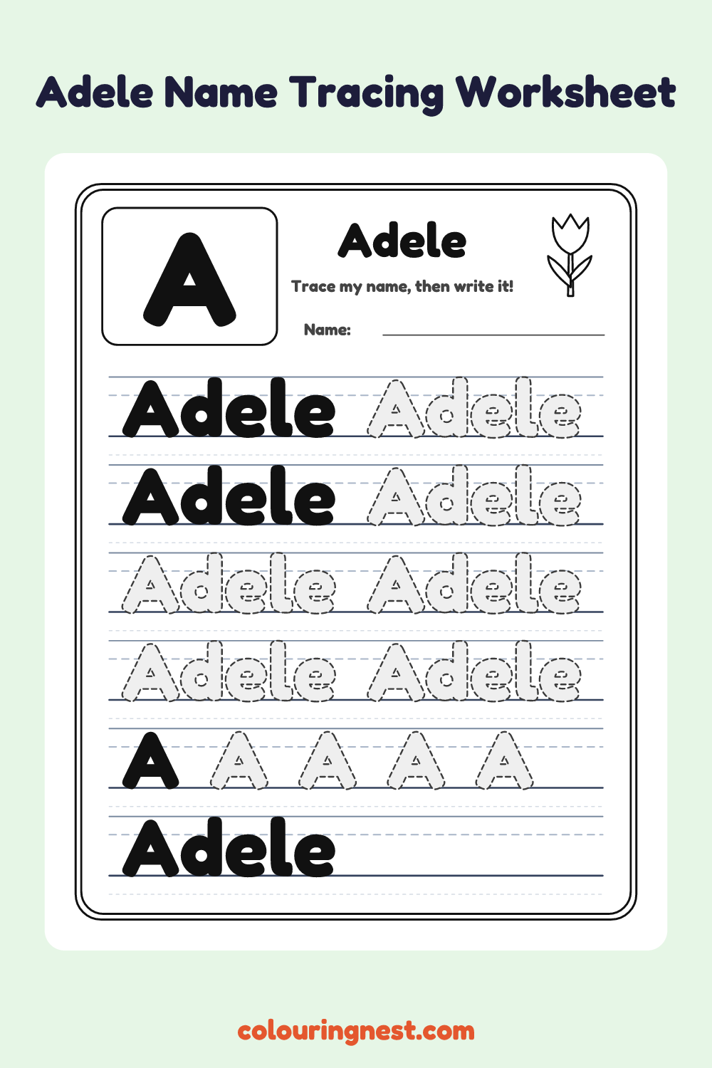Adele Name Tracing Worksheet: free printable black-and-white line art