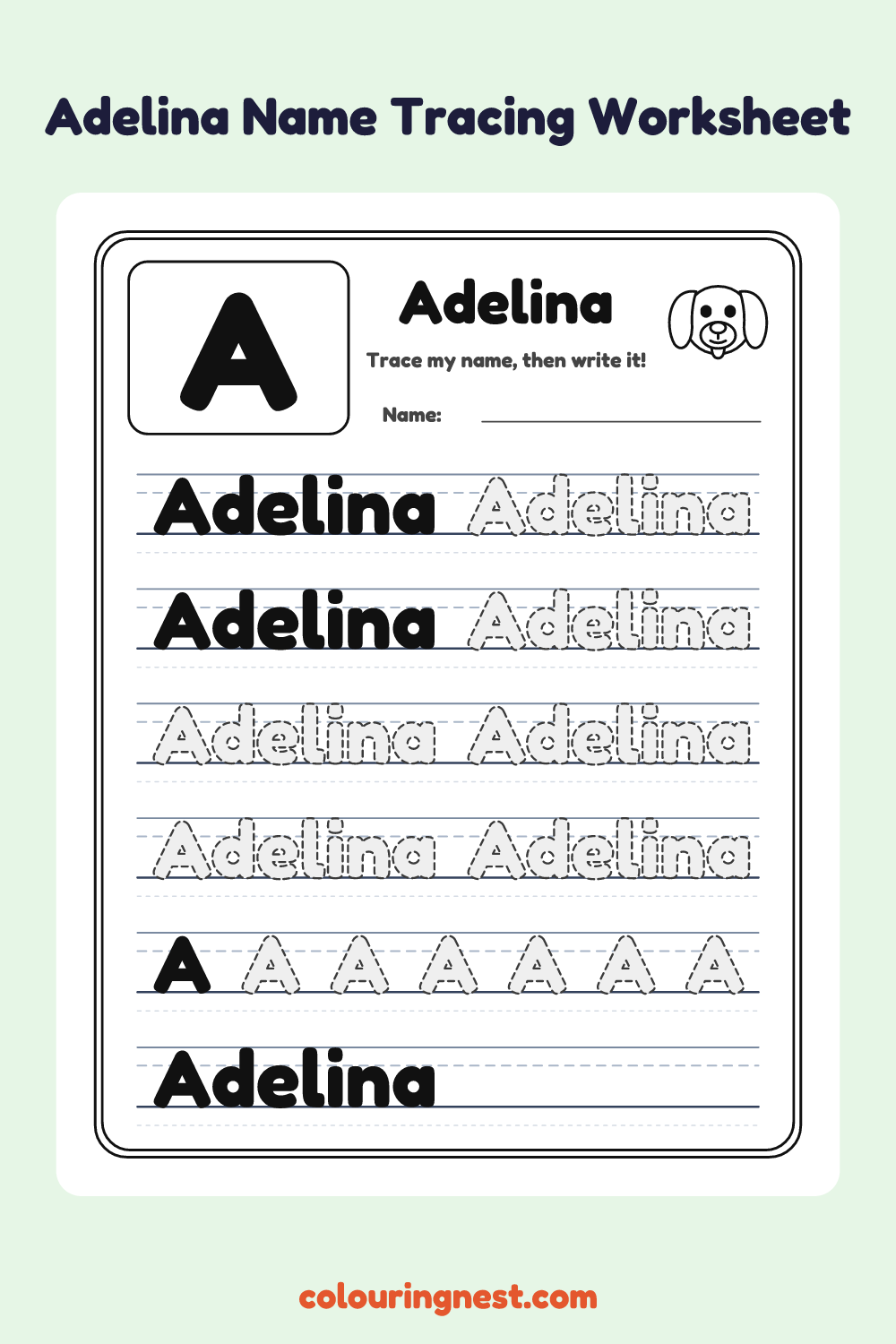 Adelina Name Tracing Worksheet: free printable black-and-white line art