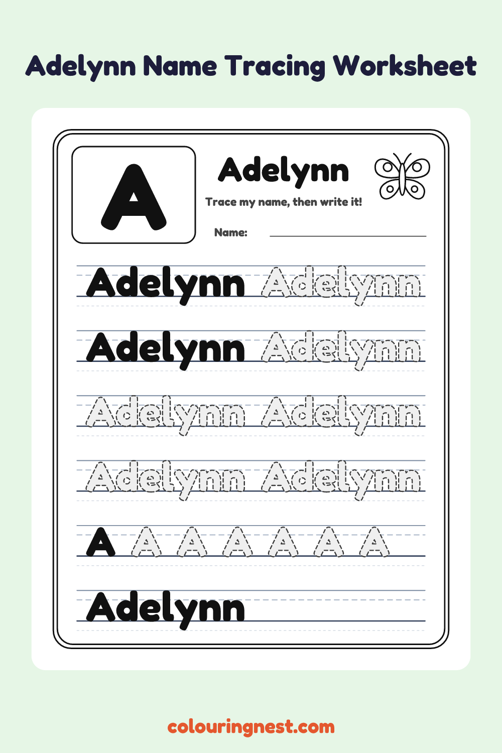 Adelynn Name Tracing Worksheet: free printable black-and-white line art