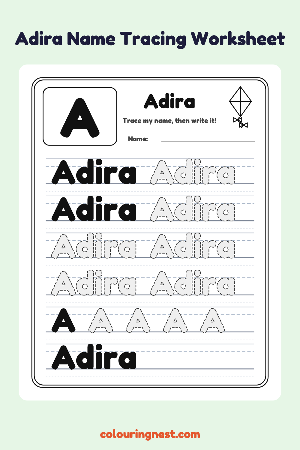 Adira Name Tracing Worksheet: free printable black-and-white line art