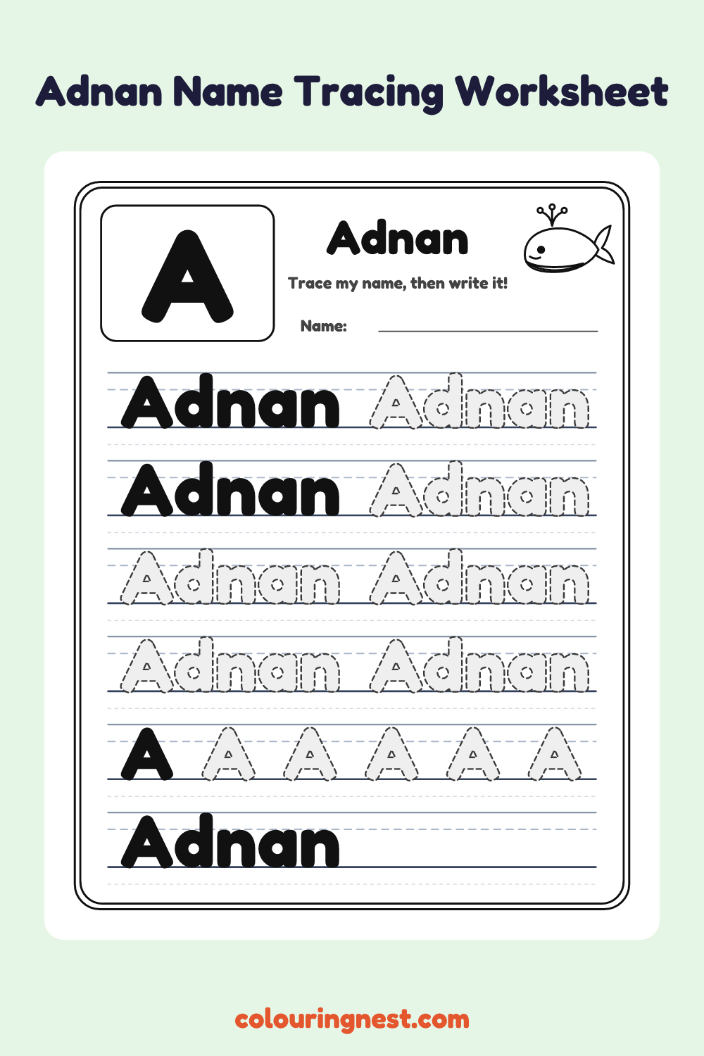 Adnan Name Tracing Worksheet: free printable black-and-white line art