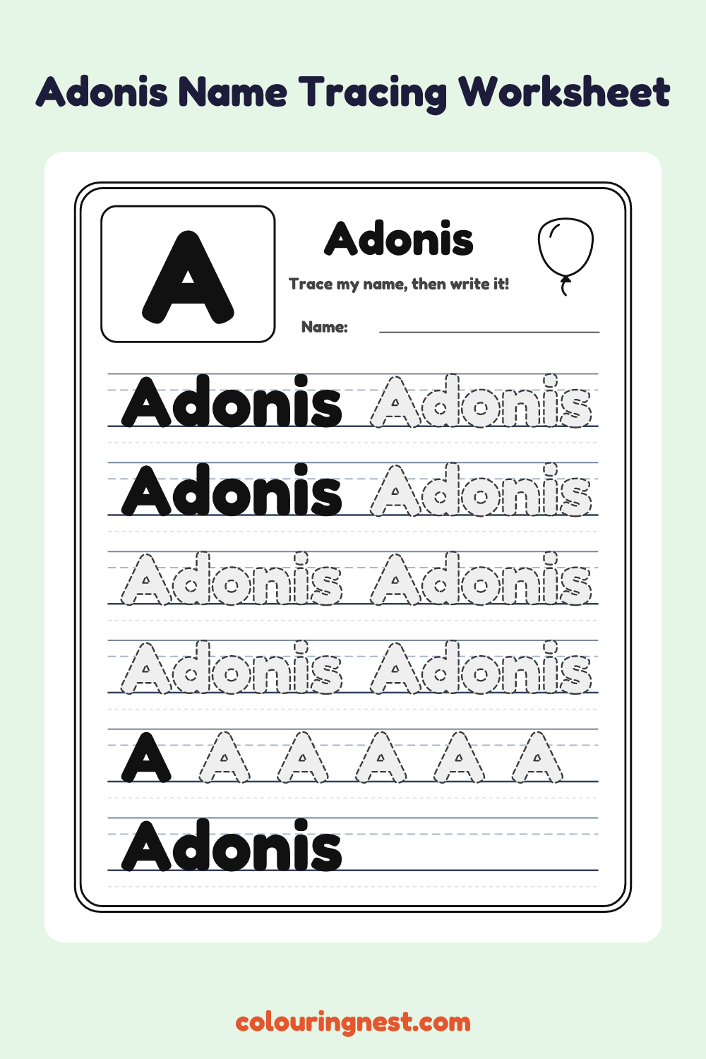 Adonis Name Tracing Worksheet: free printable black-and-white line art