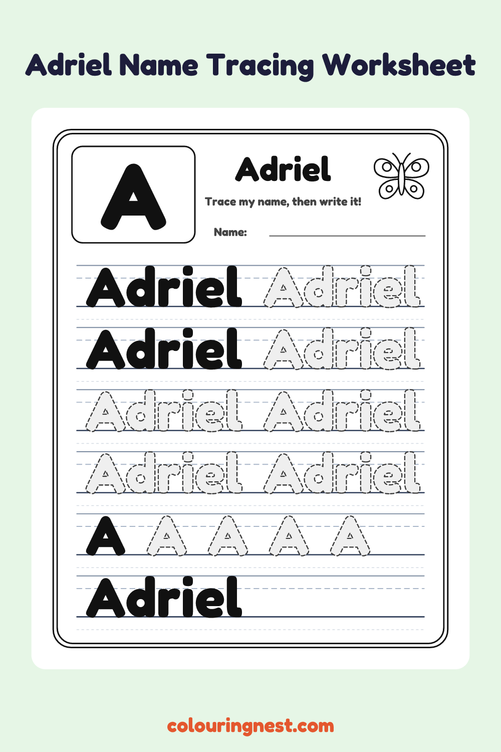 Adriel Name Tracing Worksheet: free printable black-and-white line art