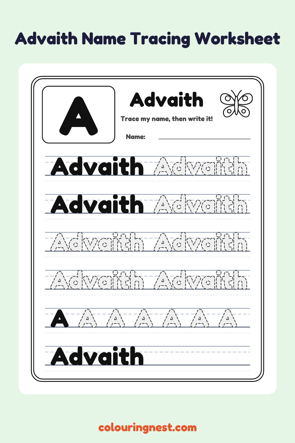 Advaith Name Tracing Worksheet: free printable black-and-white line art
