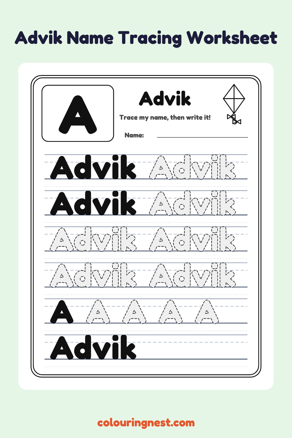 Advik Name Tracing Worksheet: free printable black-and-white line art