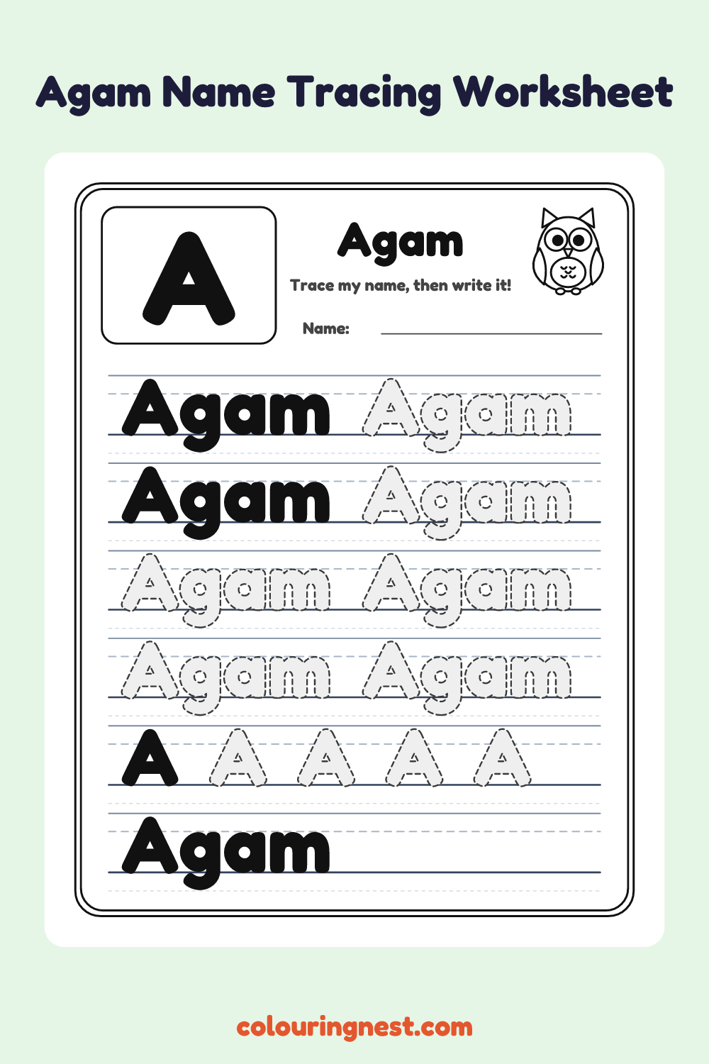 Agam Name Tracing Worksheet: free printable black-and-white line art