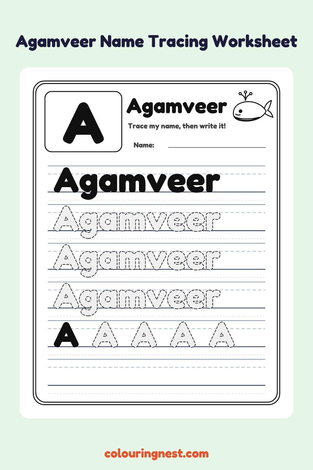 Agamveer Name Tracing Worksheet: free printable black-and-white line art