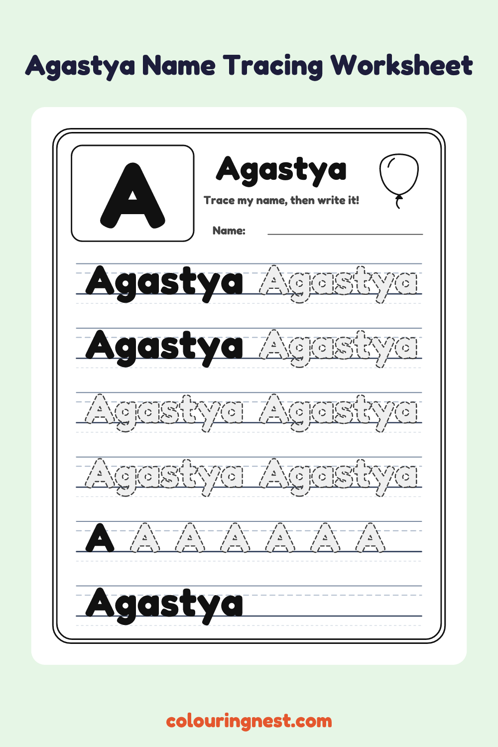 Agastya Name Tracing Worksheet: free printable black-and-white line art