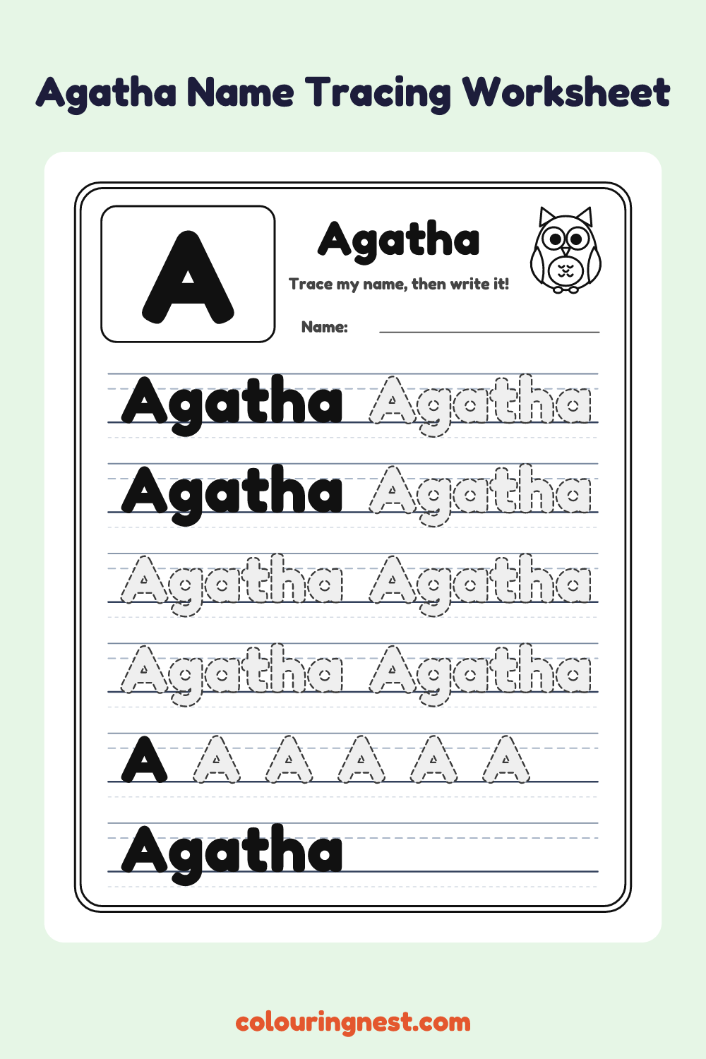 Agatha Name Tracing Worksheet: free printable black-and-white line art