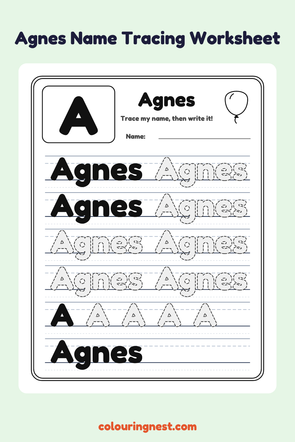 Agnes Name Tracing Worksheet: free printable black-and-white line art
