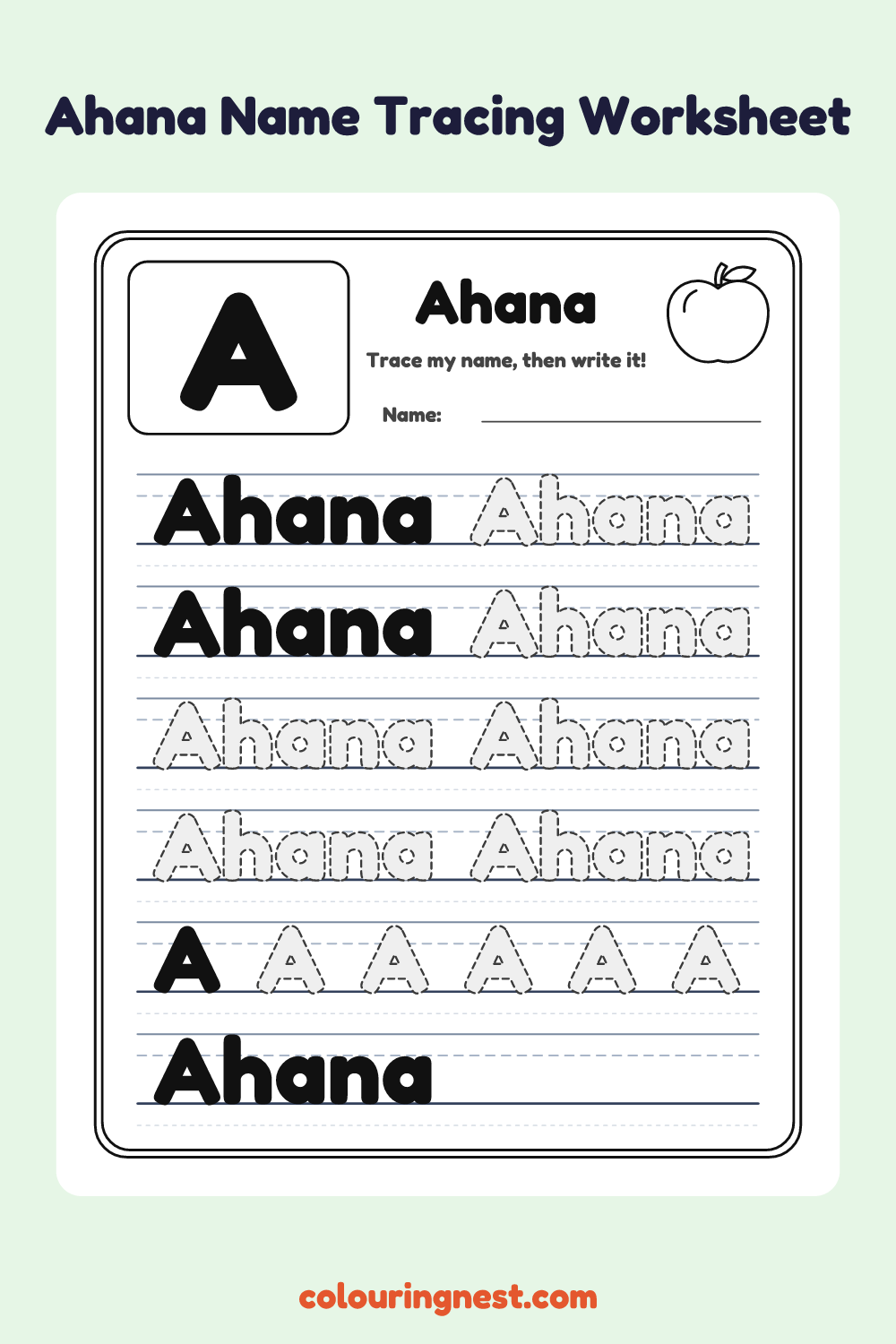 Ahana Name Tracing Worksheet: free printable black-and-white line art
