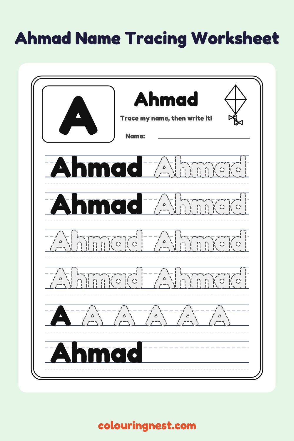 Ahmad Name Tracing Worksheet: free printable black-and-white line art
