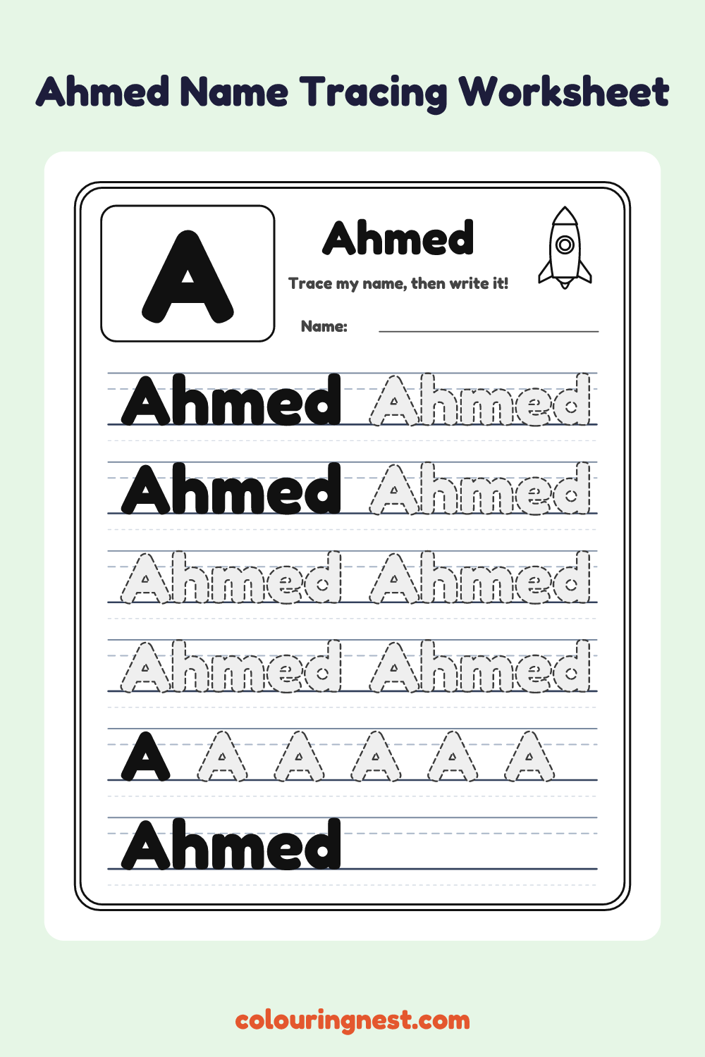 Ahmed Name Tracing Worksheet: free printable black-and-white line art