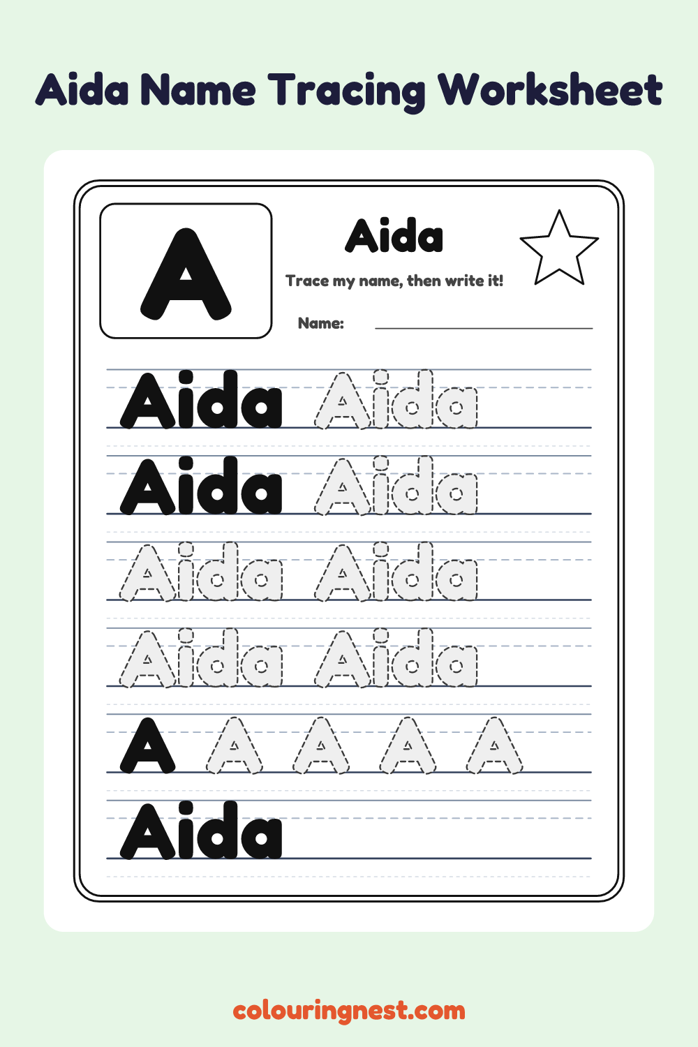 Aida Name Tracing Worksheet: free printable black-and-white line art