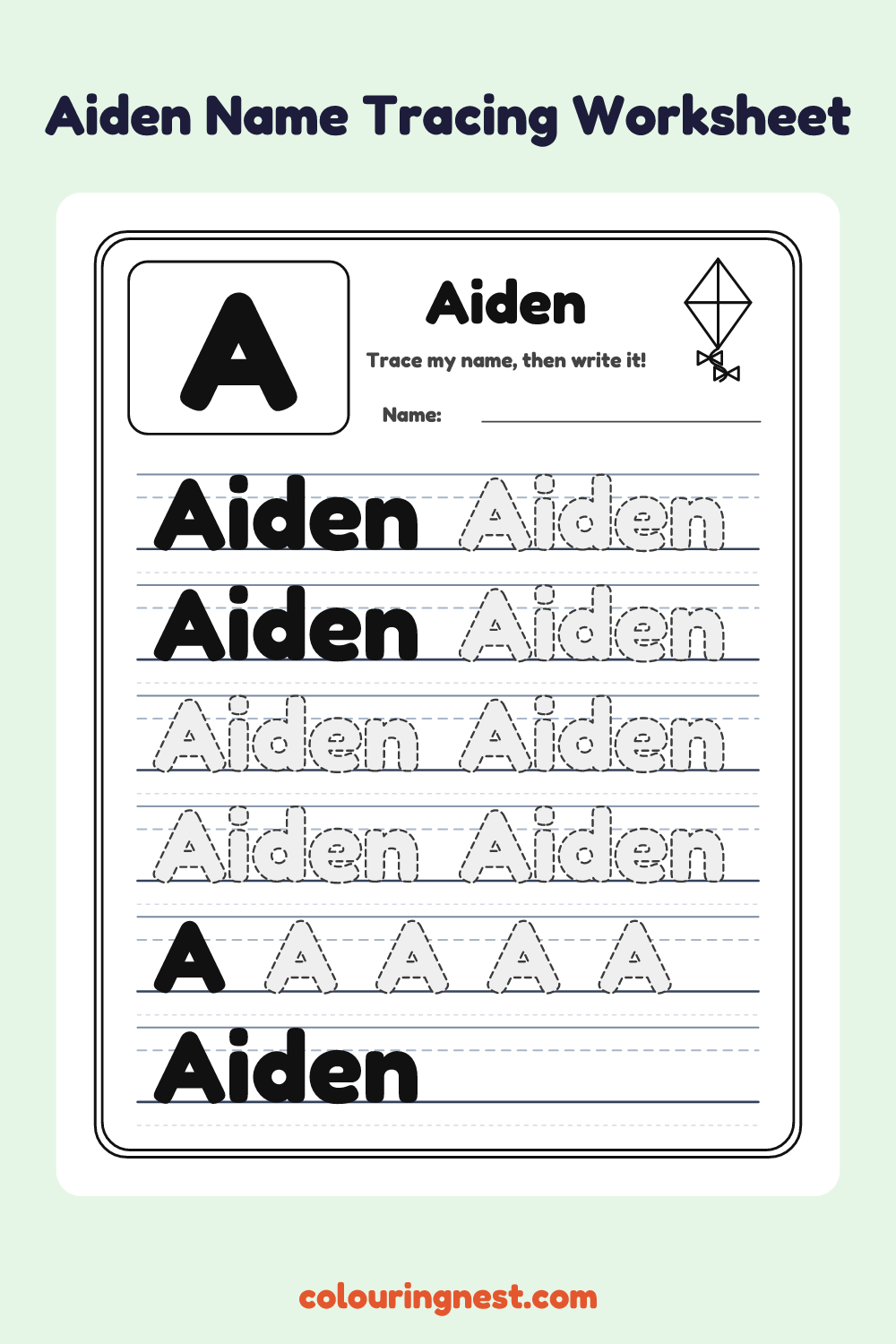 Aiden Name Tracing Worksheet: free printable black-and-white line art