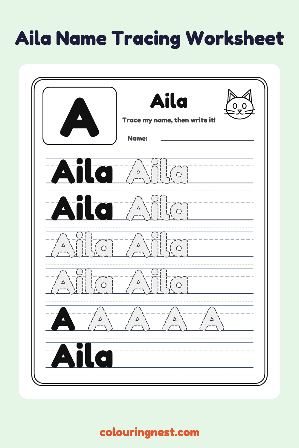 Aila Name Tracing Worksheet: free printable black-and-white line art