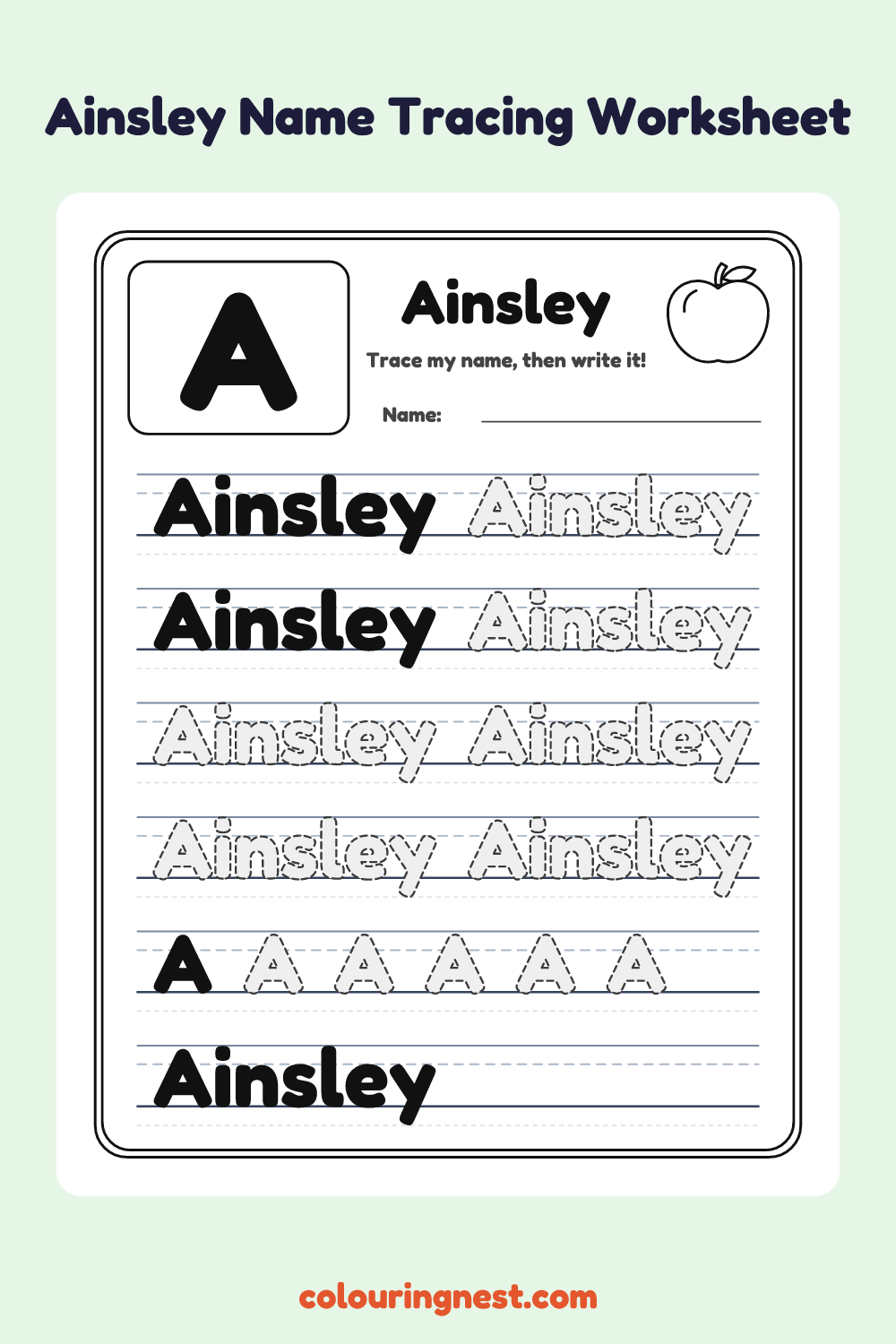 Ainsley Name Tracing Worksheet: free printable black-and-white line art