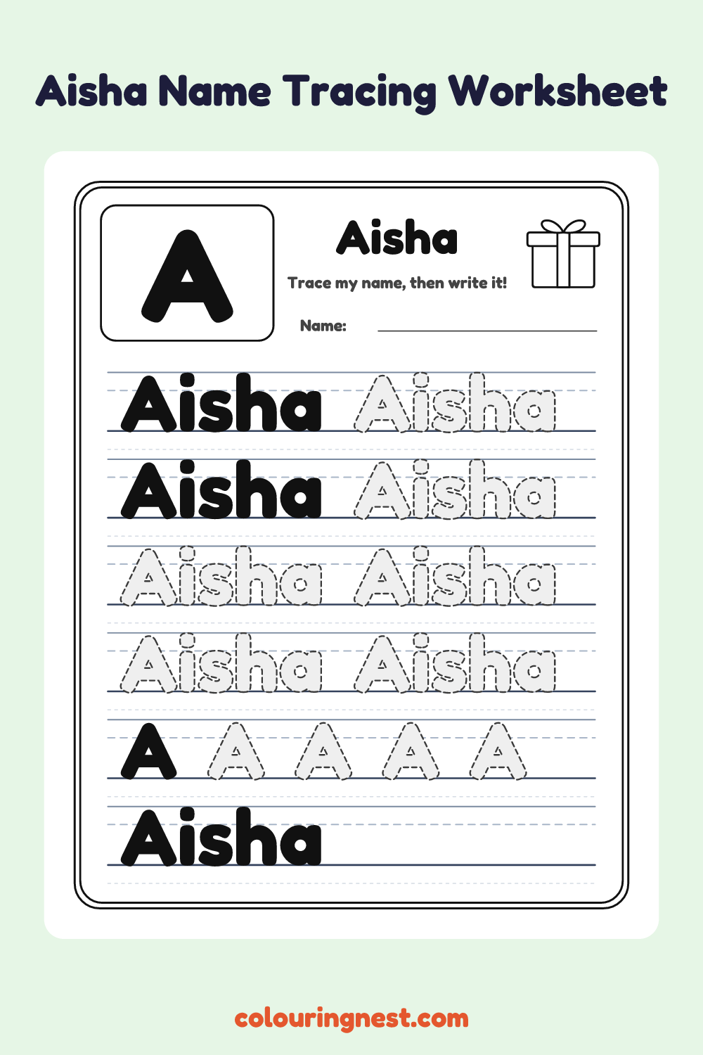 Aisha Name Tracing Worksheet: free printable black-and-white line art