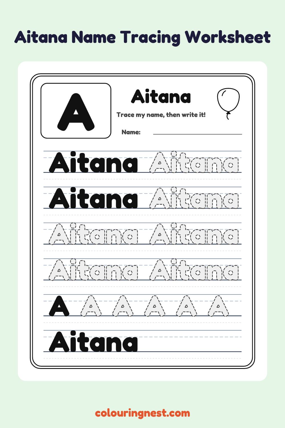 Aitana Name Tracing Worksheet: free printable black-and-white line art