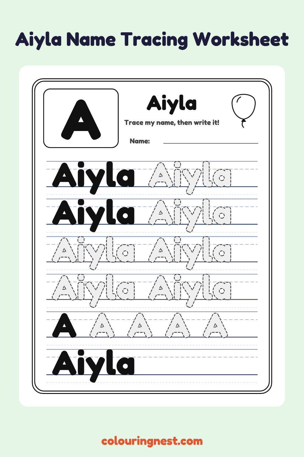 Aiyla Name Tracing Worksheet: free printable black-and-white line art