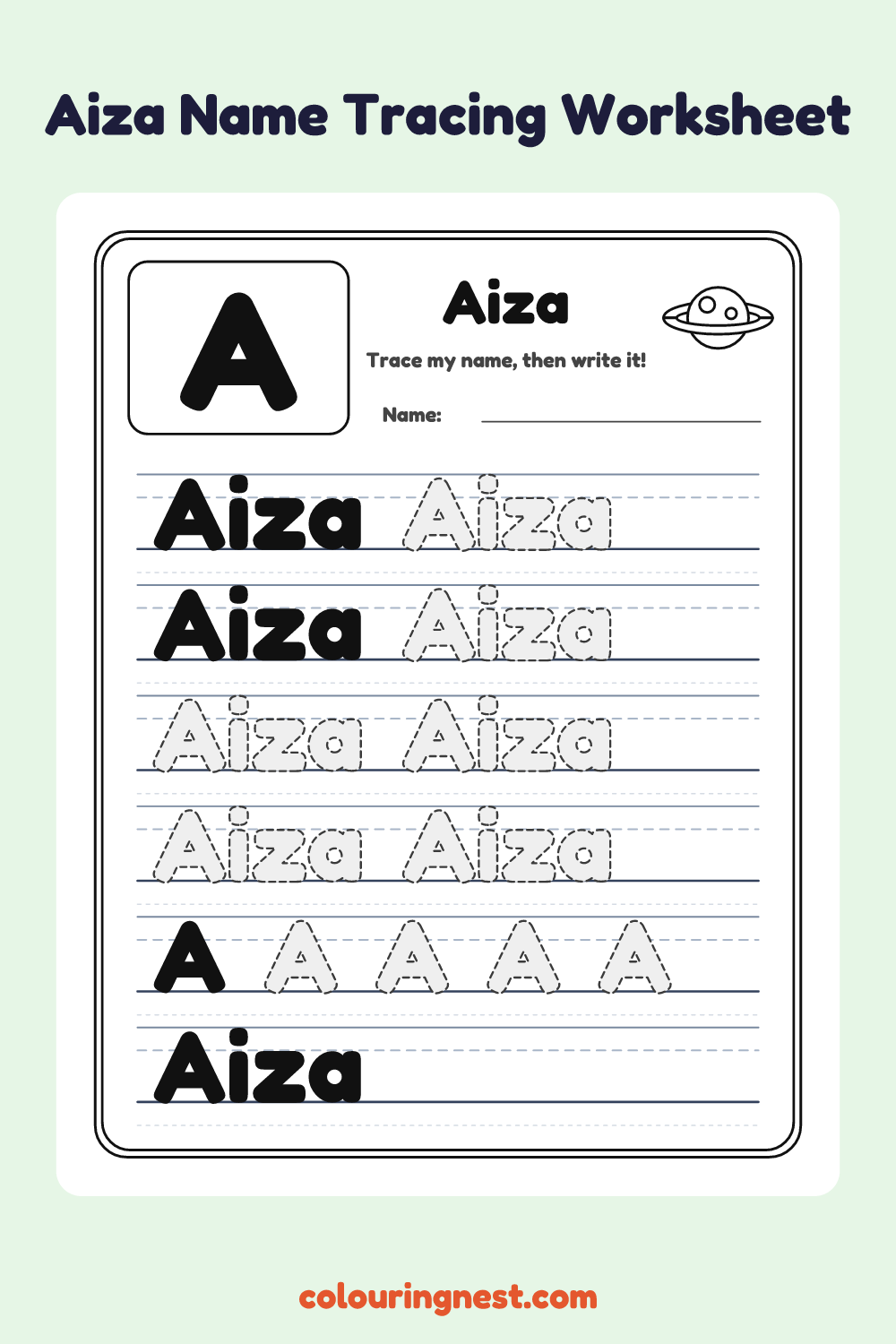 Aiza Name Tracing Worksheet: free printable black-and-white line art