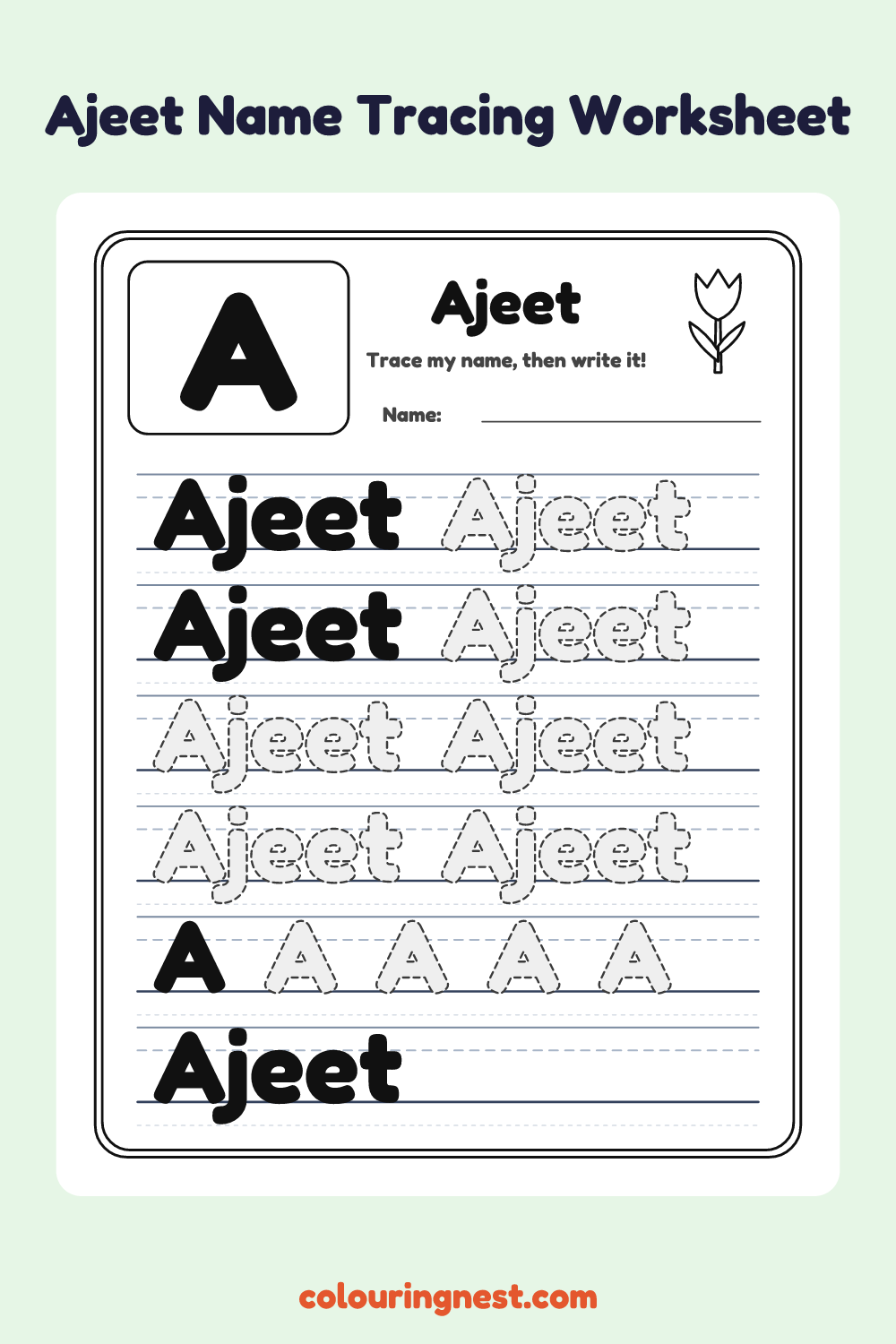 Ajeet Name Tracing Worksheet: free printable black-and-white line art