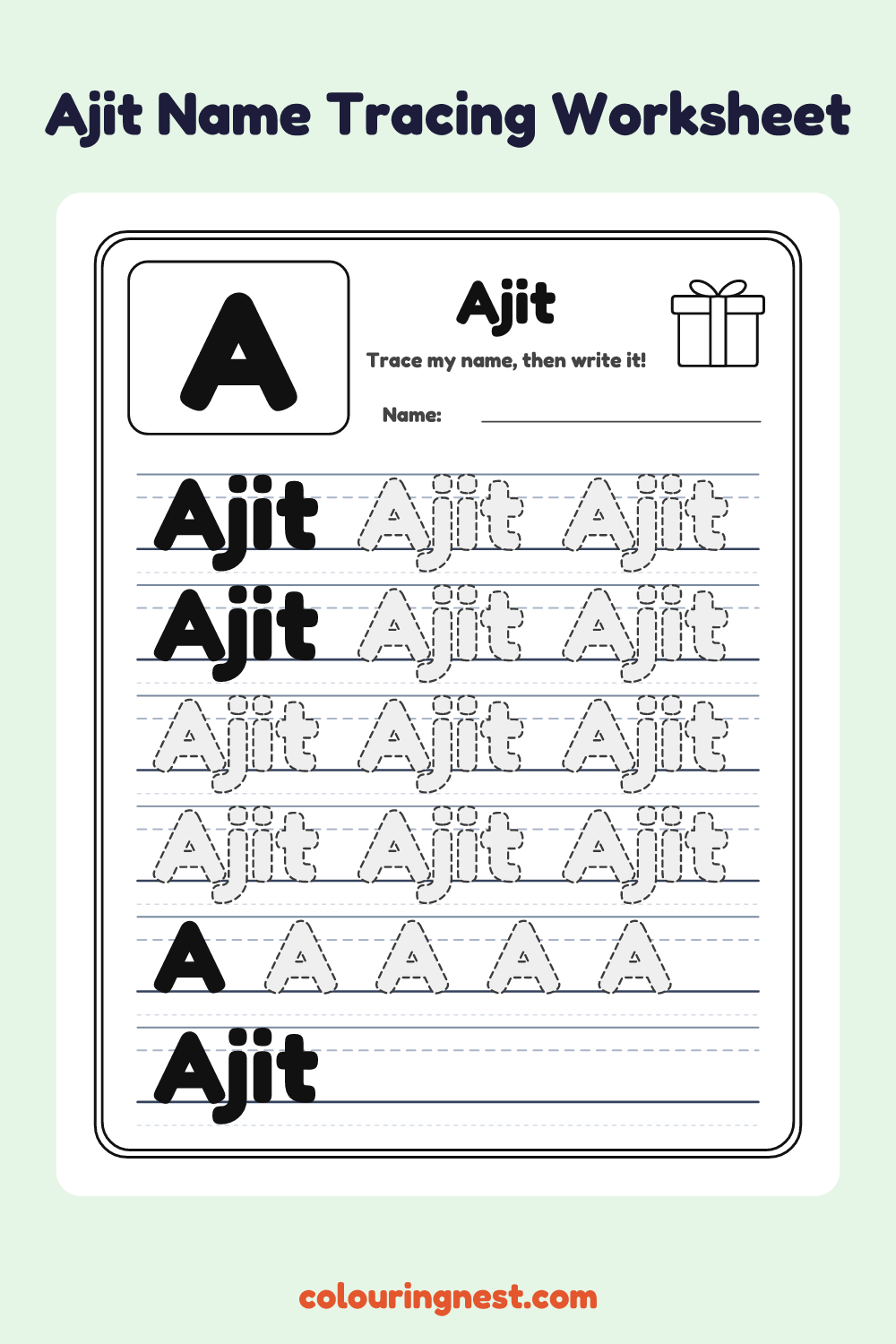 Ajit Name Tracing Worksheet: free printable black-and-white line art