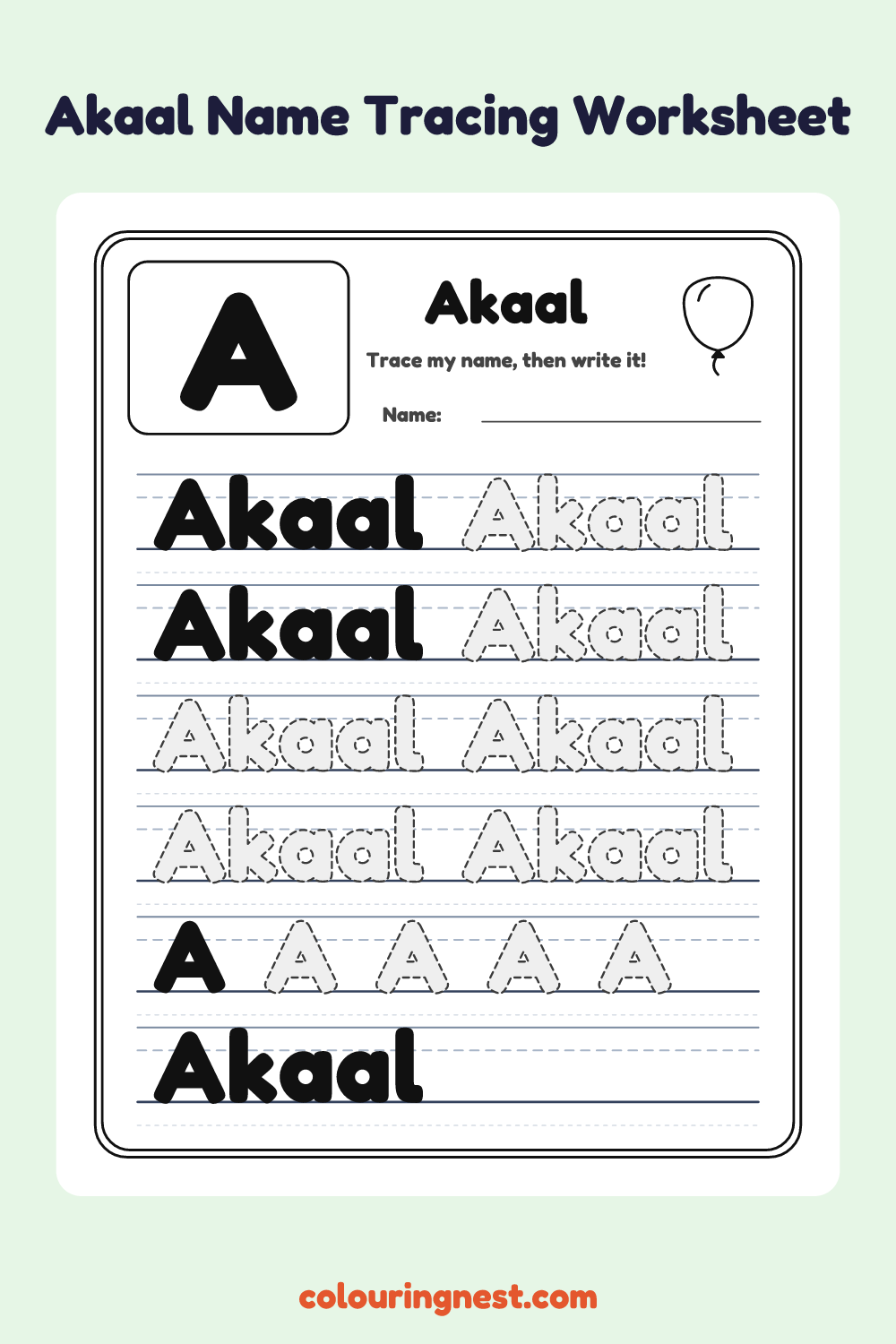 Akaal Name Tracing Worksheet: free printable black-and-white line art