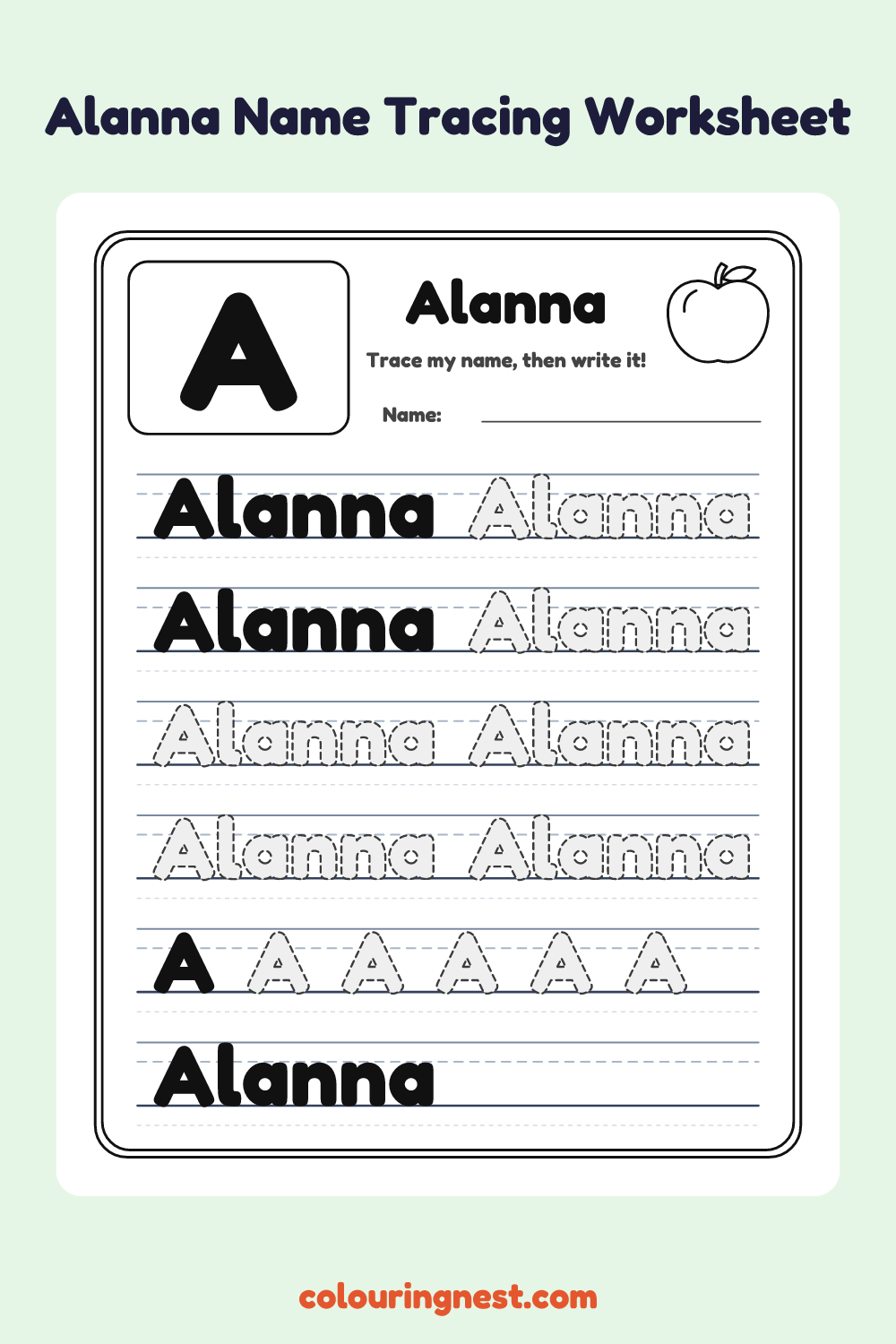 Alanna Name Tracing Worksheet: free printable black-and-white line art