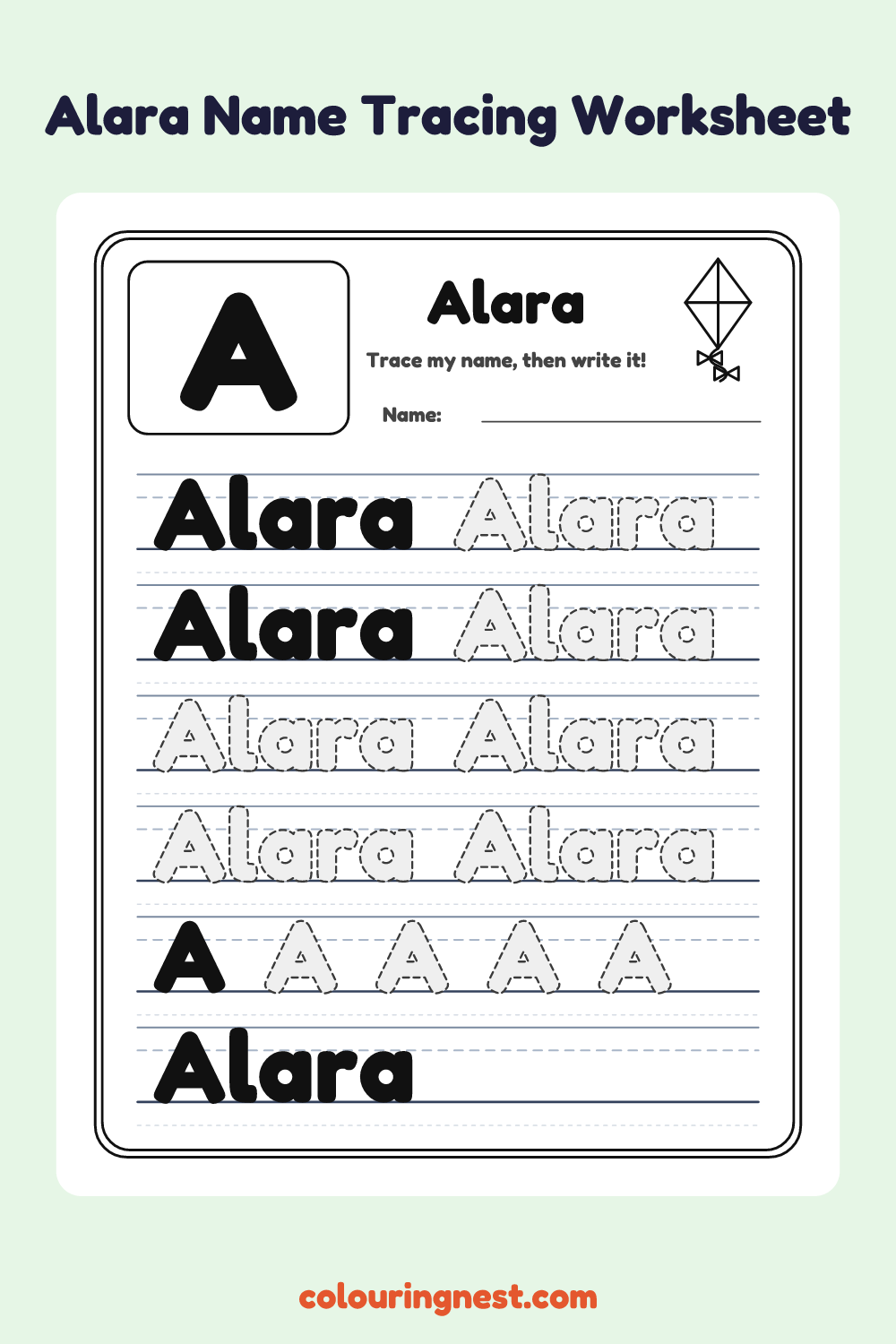 Alara Name Tracing Worksheet: free printable black-and-white line art