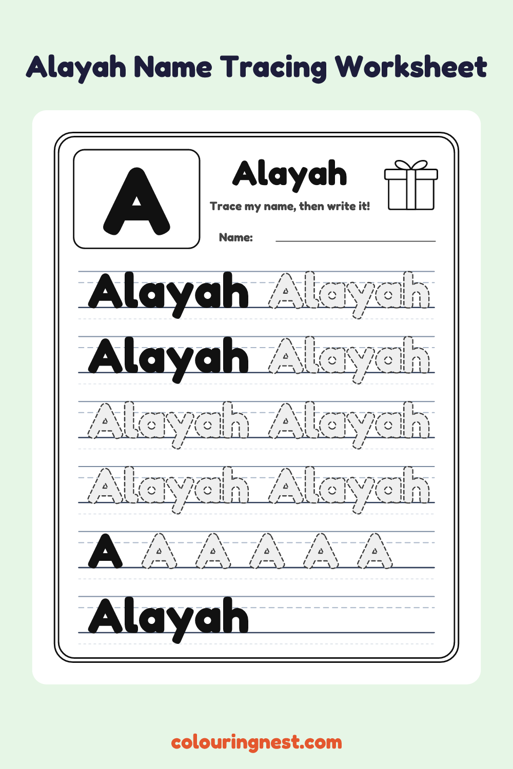 Alayah Name Tracing Worksheet: free printable black-and-white line art