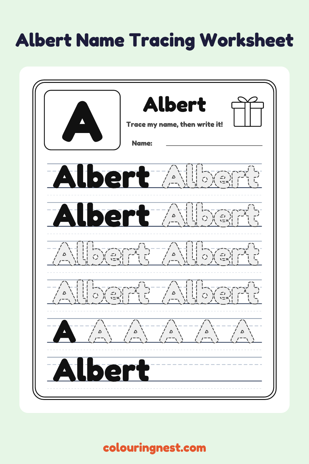 Albert Name Tracing Worksheet: free printable black-and-white line art