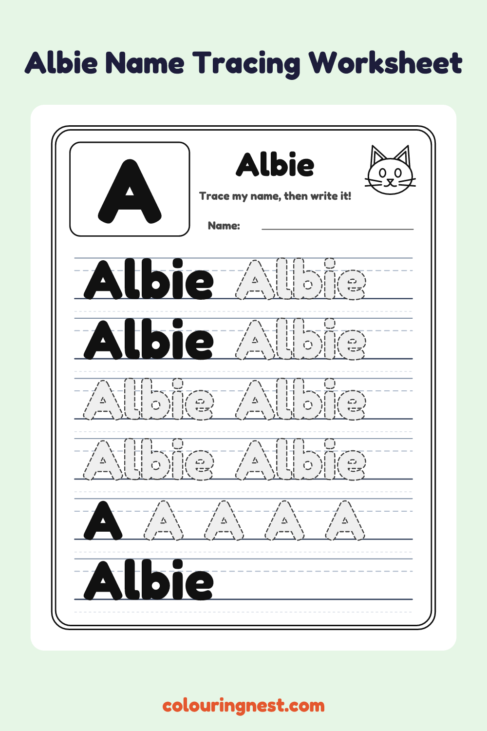 Albie Name Tracing Worksheet: free printable black-and-white line art