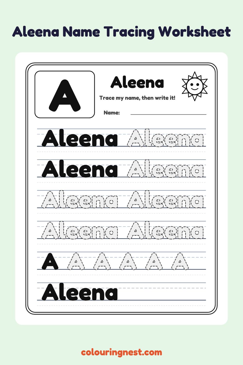 Aleena Name Tracing Worksheet: free printable black-and-white line art