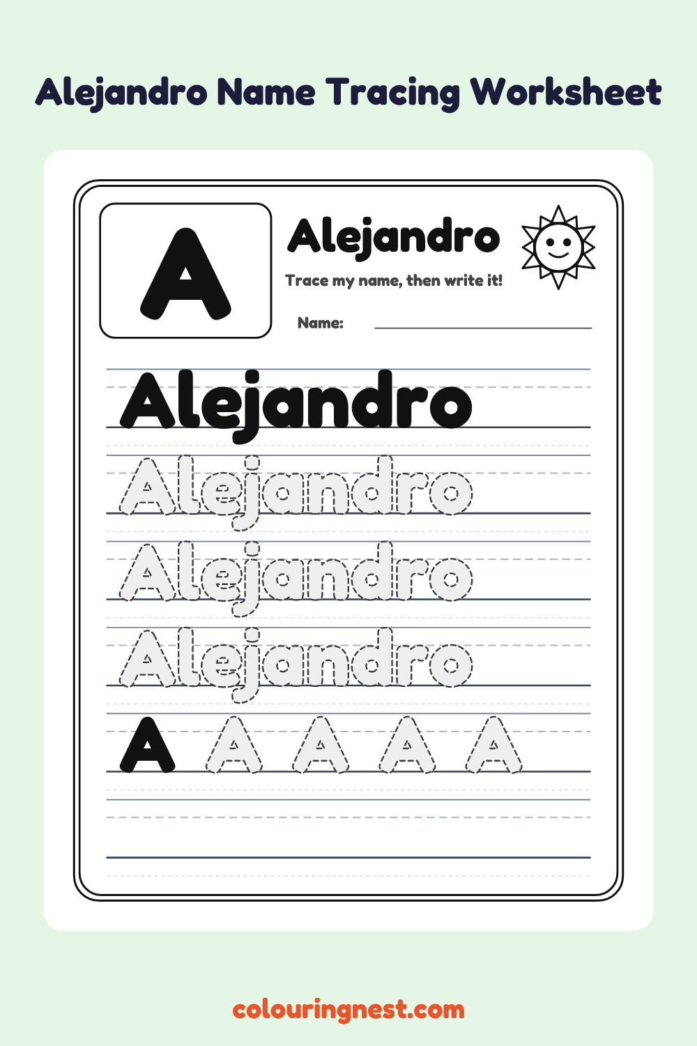 Alejandro Name Tracing Worksheet: free printable black-and-white line art