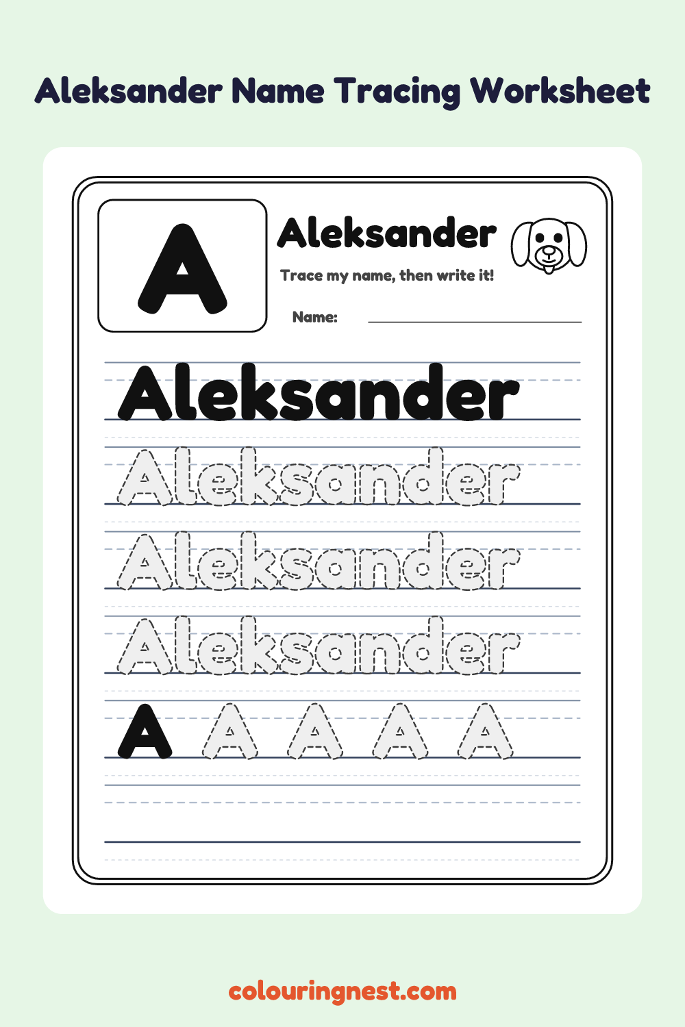 Aleksander Name Tracing Worksheet: free printable black-and-white line art