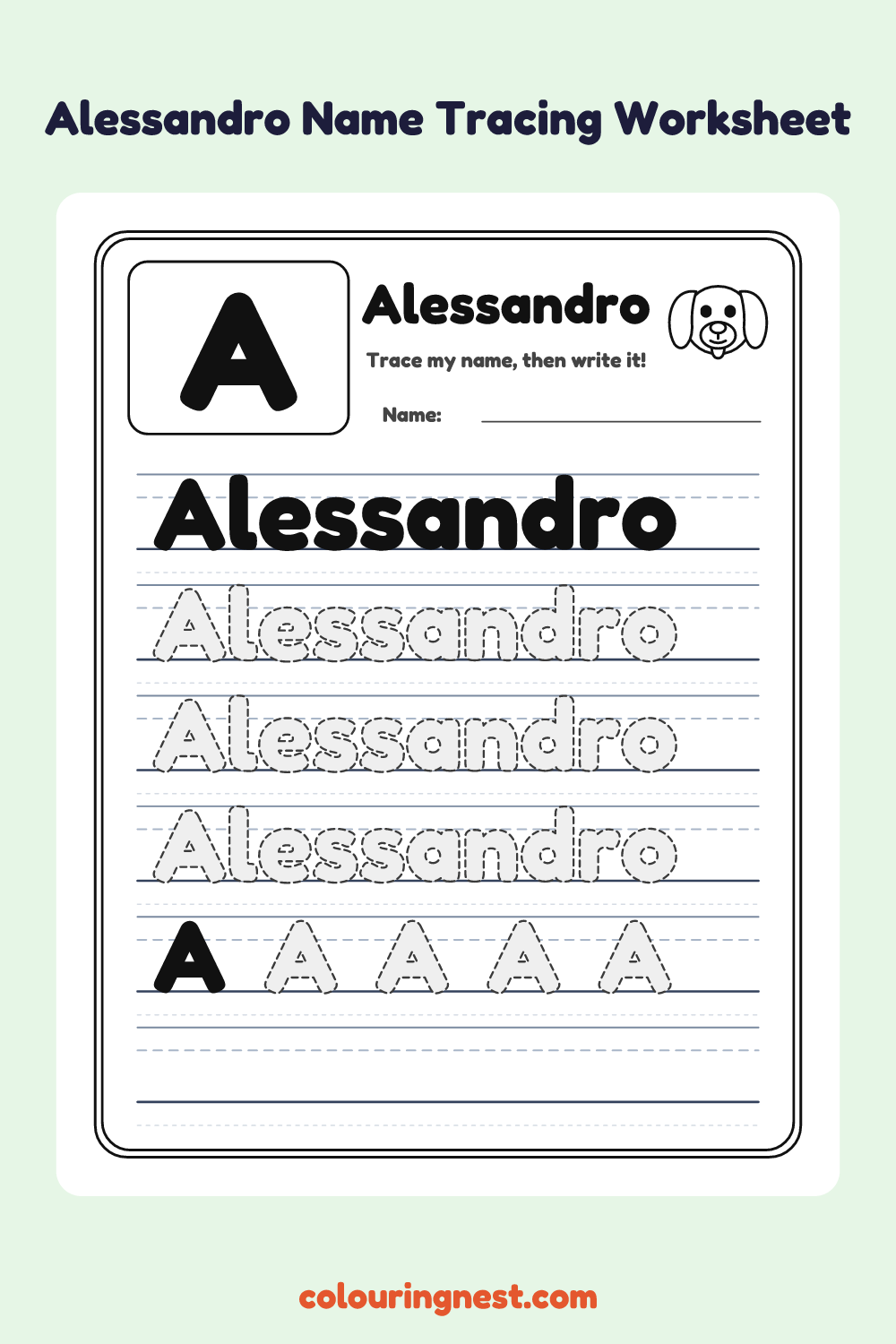 Alessandro Name Tracing Worksheet: free printable black-and-white line art