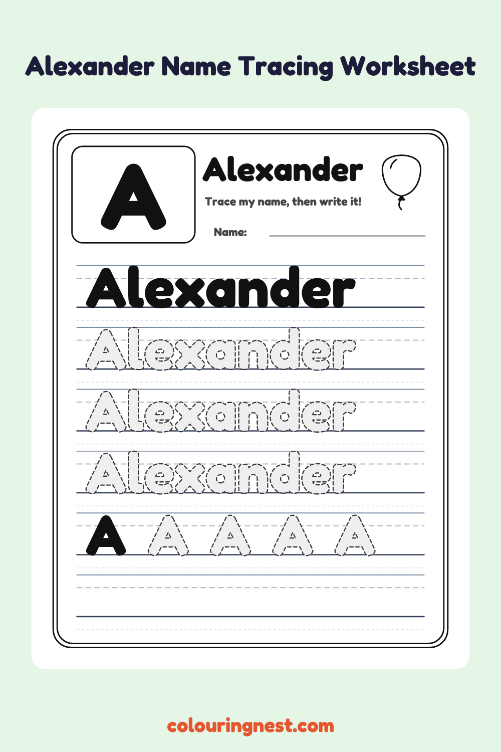 Alexander Name Tracing Worksheet: free printable black-and-white line art