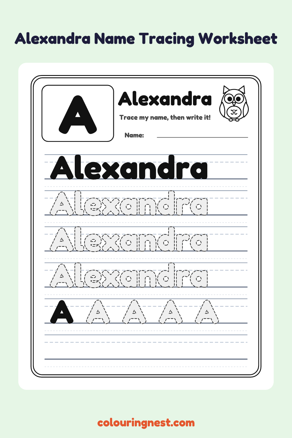 Alexandra Name Tracing Worksheet: free printable black-and-white line art
