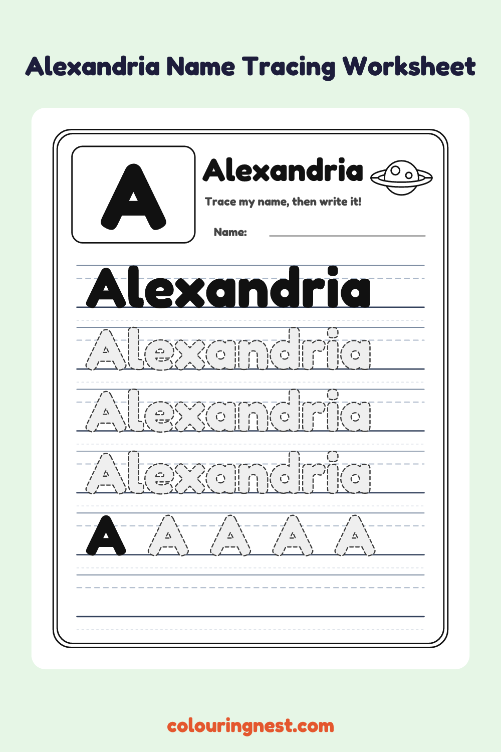 Alexandria Name Tracing Worksheet: free printable black-and-white line art