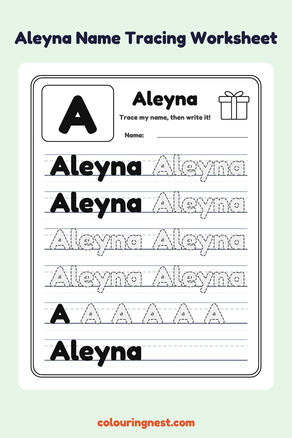 Aleyna Name Tracing Worksheet: free printable black-and-white line art