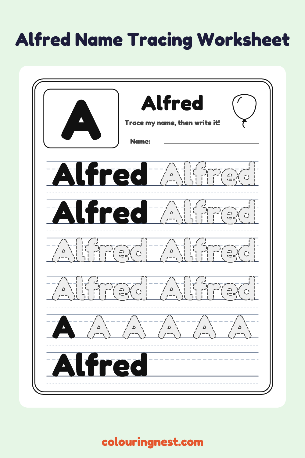 Alfred Name Tracing Worksheet: free printable black-and-white line art