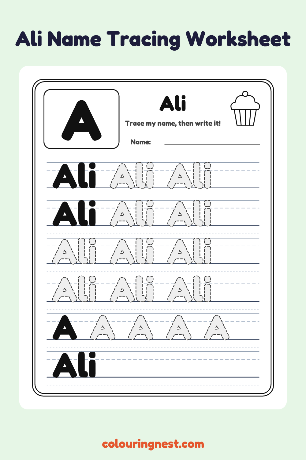 Ali Name Tracing Worksheet: free printable black-and-white line art