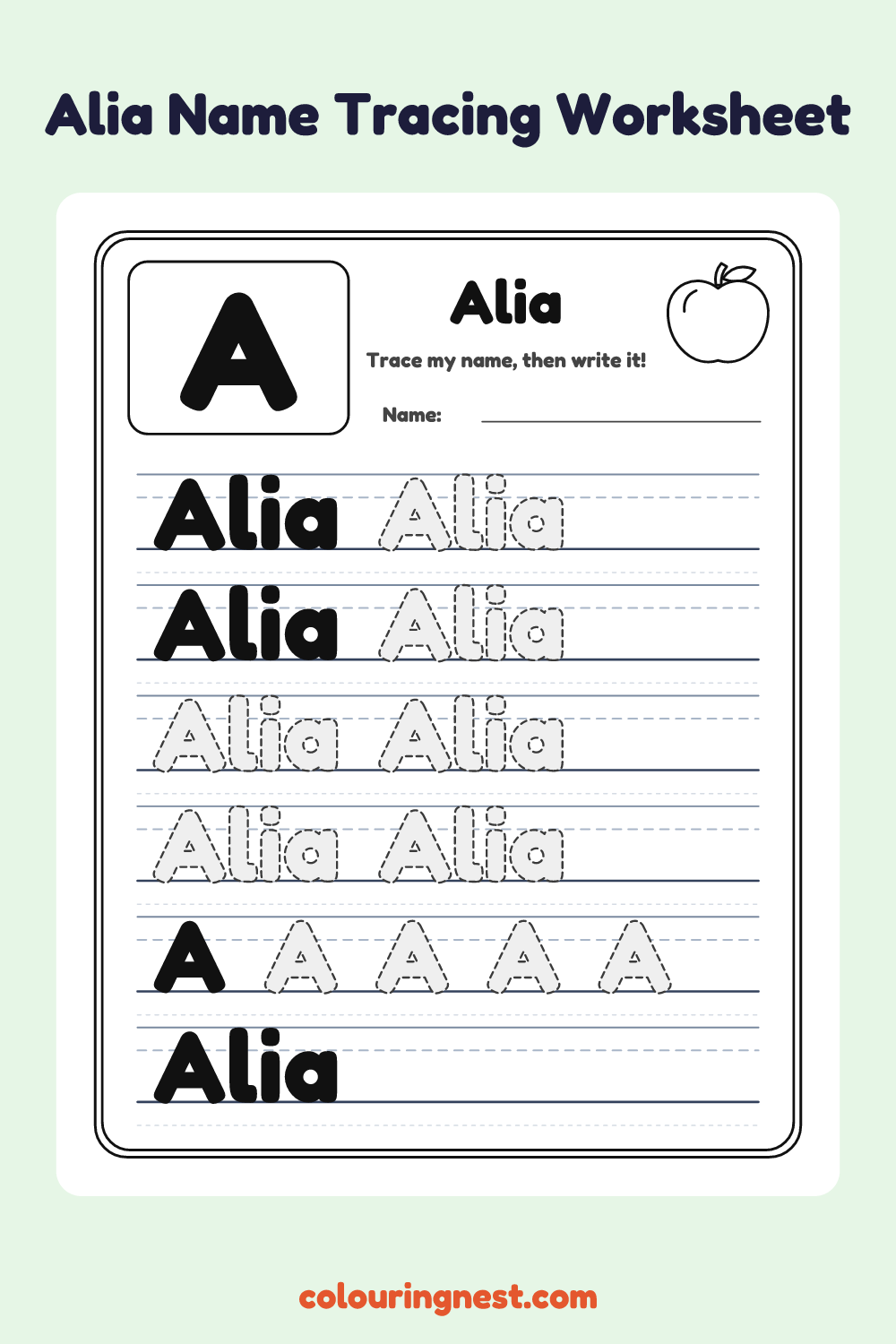 Alia Name Tracing Worksheet: free printable black-and-white line art