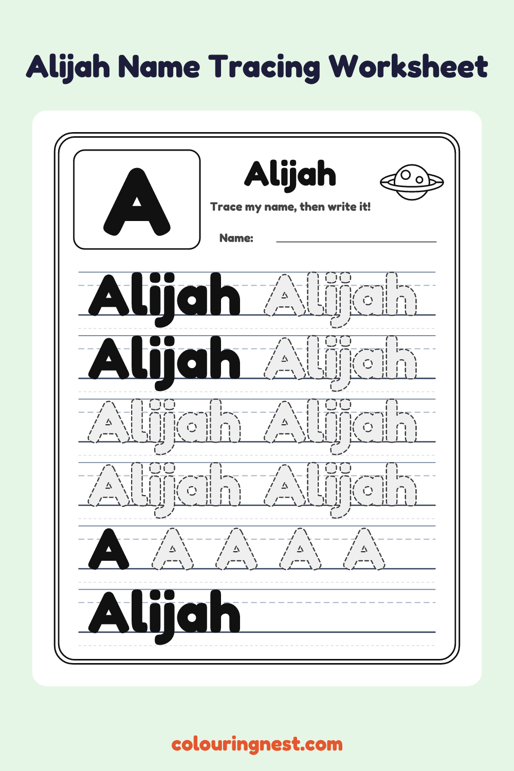Alijah Name Tracing Worksheet: free printable black-and-white line art