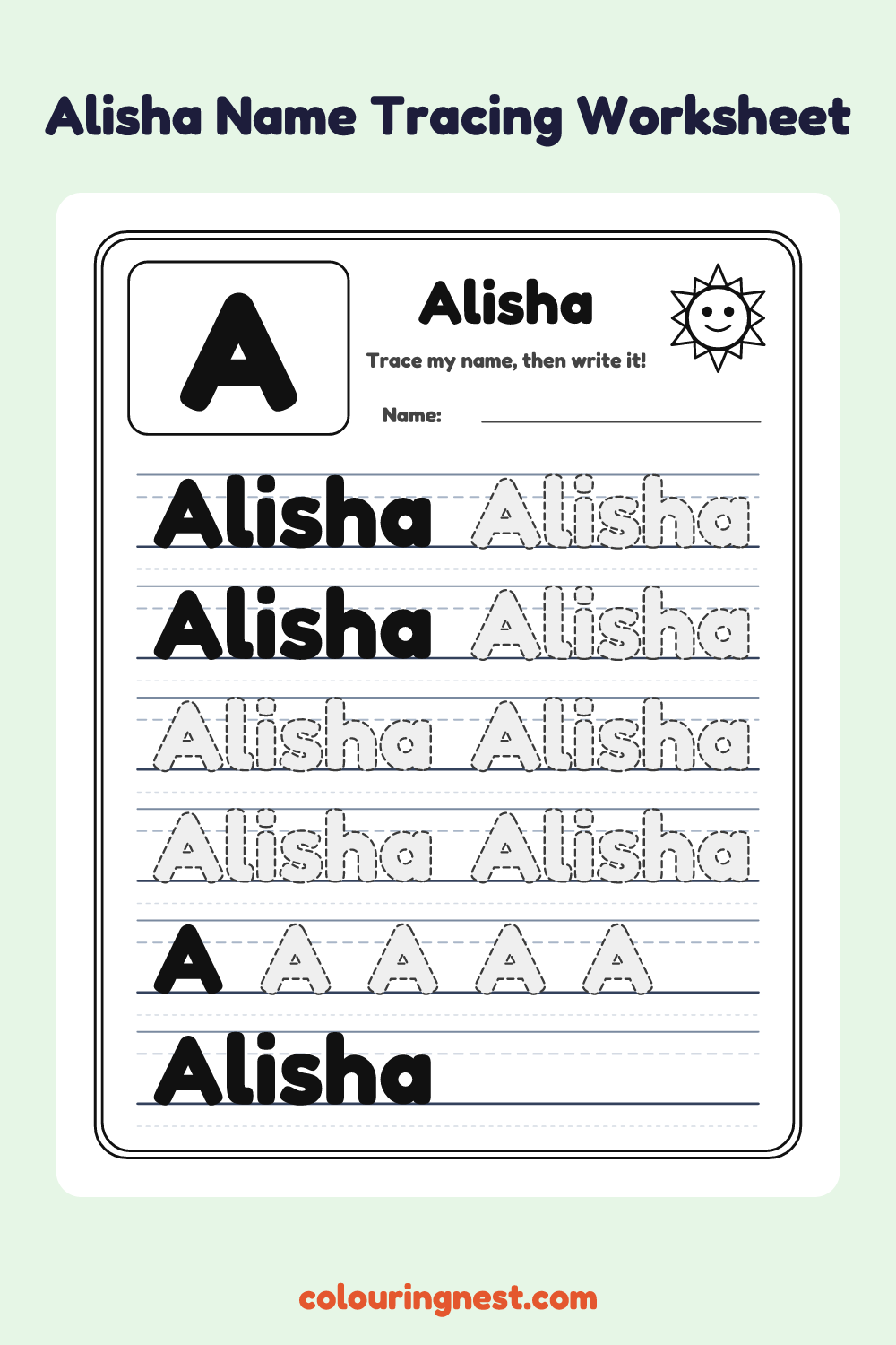 Alisha Name Tracing Worksheet: free printable black-and-white line art