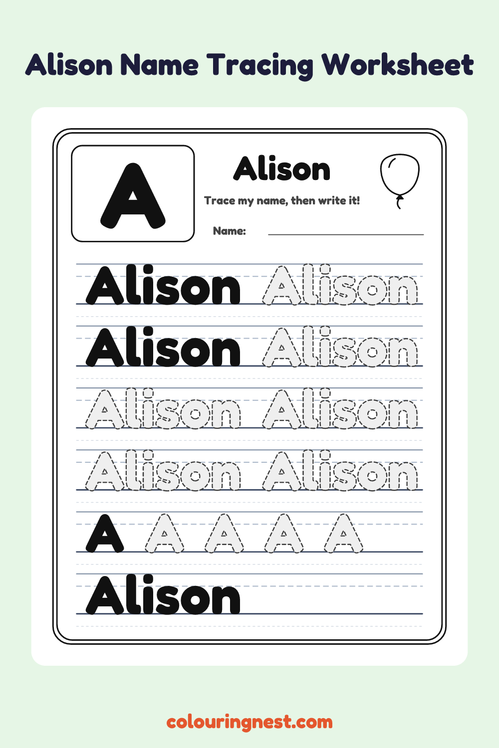 Alison Name Tracing Worksheet: free printable black-and-white line art