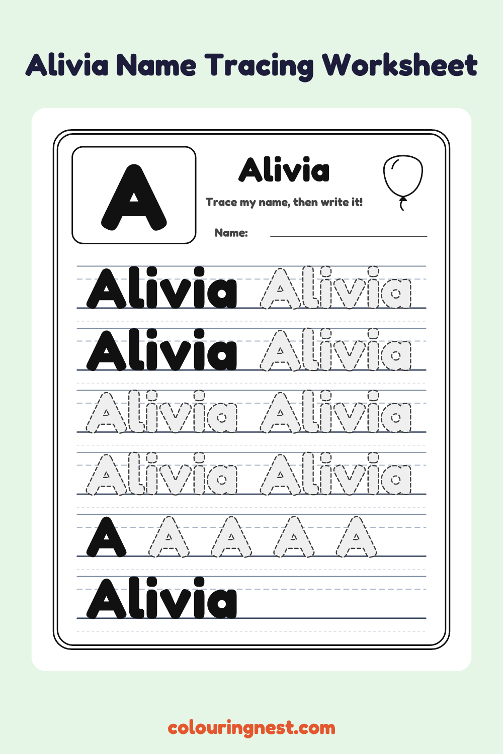 Alivia Name Tracing Worksheet: free printable black-and-white line art
