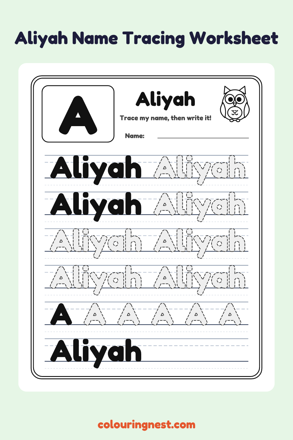 Aliyah Name Tracing Worksheet: free printable black-and-white line art