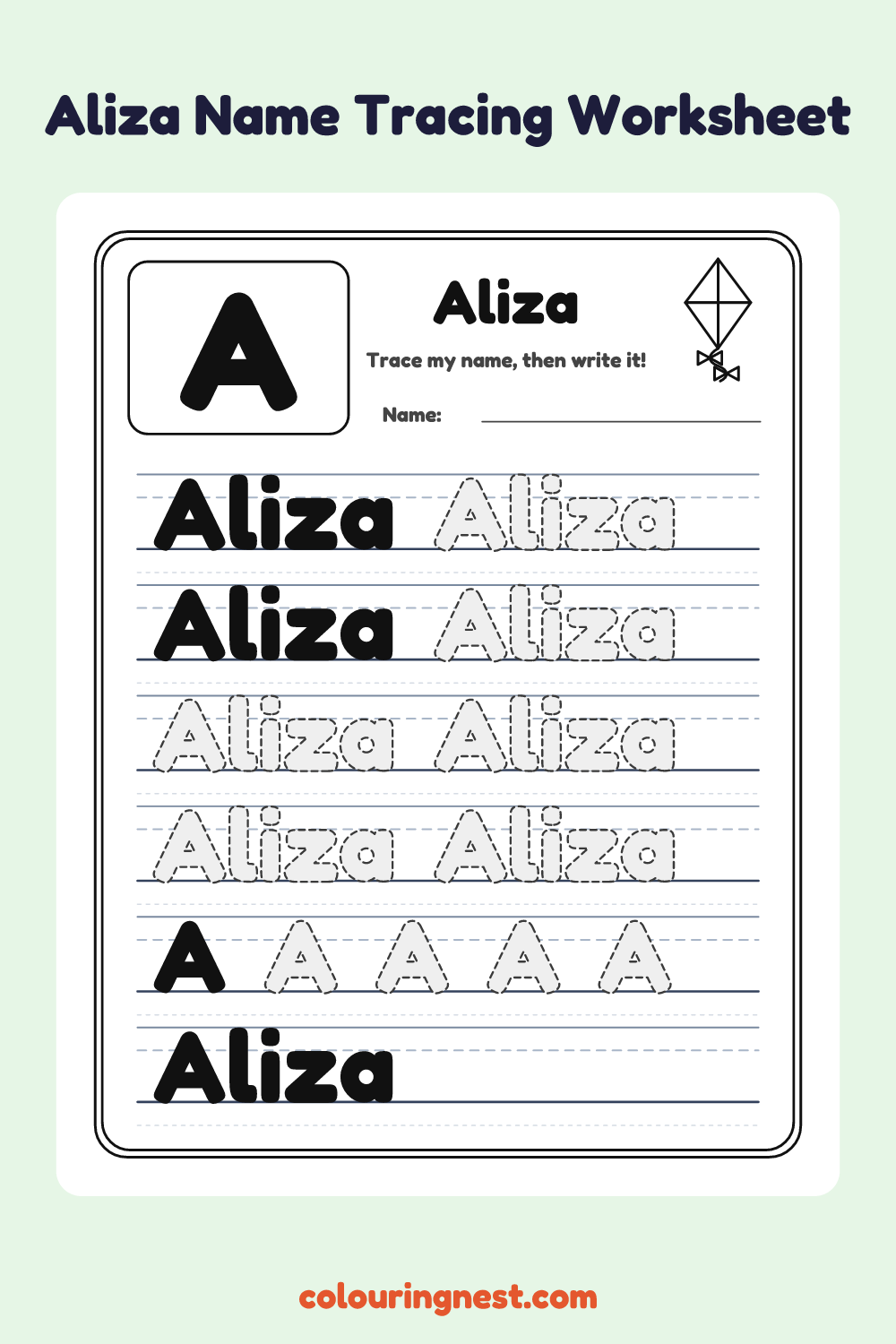 Aliza Name Tracing Worksheet: free printable black-and-white line art